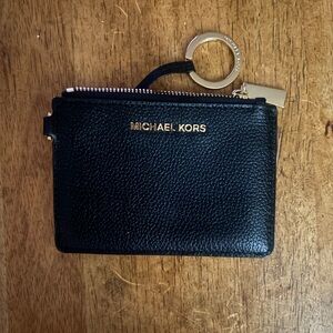 MICHAEL KORS Black Pebbled Leather Zip Card Pouch with Gold Keyring